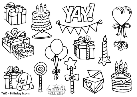 Digital Download - Colouring Sheet - Birthday Card Icons