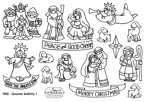 Digital Download - Colouring Sheet - Gnome Nativity 1