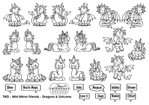 Digital Download - Colouring Sheet - Mini Mirror Friends - Dragons and Unicorns